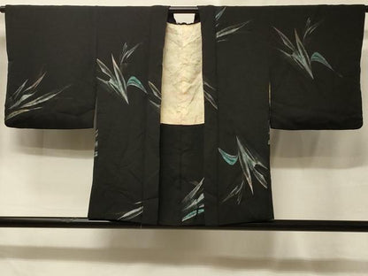 平和屋着物＃羽織　寿光織　草葉文　黒地　金銀糸　正絹　逸品　CABE5518in