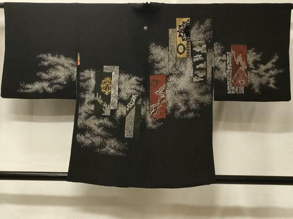 平和屋着物＃羽織　寿光織　短冊花文　黒地　金銀糸　正絹　逸品　CABE5529in