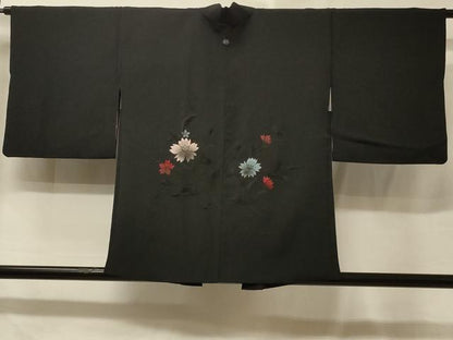 平和屋着物＃羽織　総刺繍　枝花文　黒地　正絹　逸品　CABE5532in