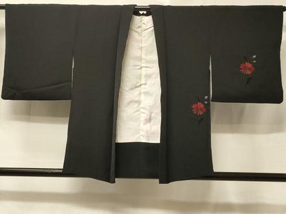 平和屋着物＃羽織　総刺繍　枝花文　黒地　正絹　逸品　CABE5532in
