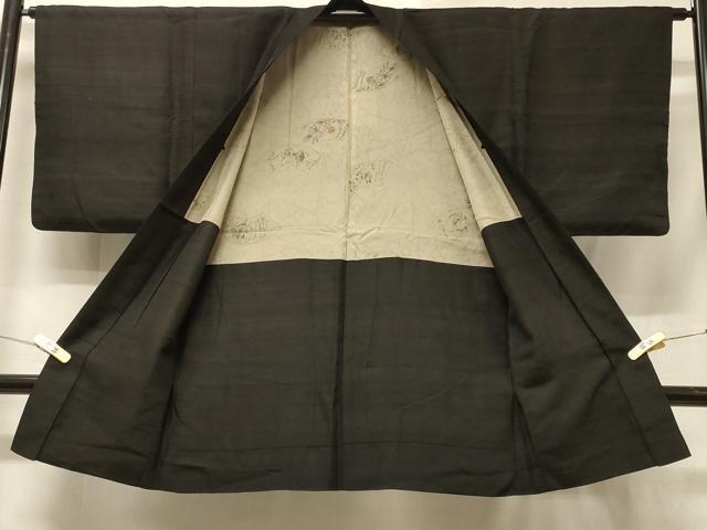 平和屋着物＃男性　長羽織　紬地　黒地　正絹　逸品　CABE5548in