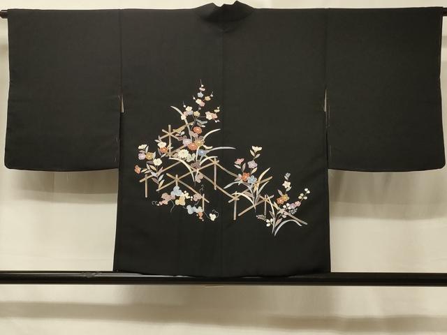 平和屋着物＃羽織　草花文　黒地　金彩　正絹　逸品　未使用　CABE5561in
