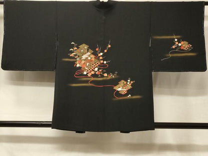 平和屋着物＃羽織　刺繍　松皮菱貝桶花文　黒地　金彩　正絹　逸品　未使用　CABE5573in