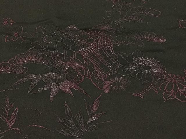 平和屋着物＃羽織　御所車花文　黒地　正絹　逸品　CABE5574in