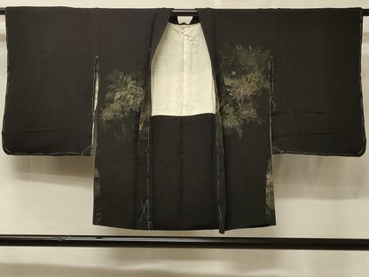 平和屋着物＃羽織　寿光織　草花文　黒地　金銀糸　正絹　逸品　CABE5580in