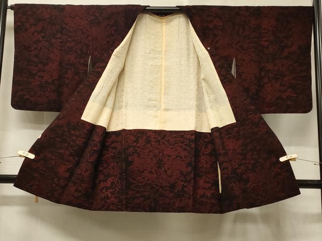 平和屋着物＃道行コート　輪奈ビロード　流水草花文　黒地　ロング丈　正絹　逸品　CABE5587in