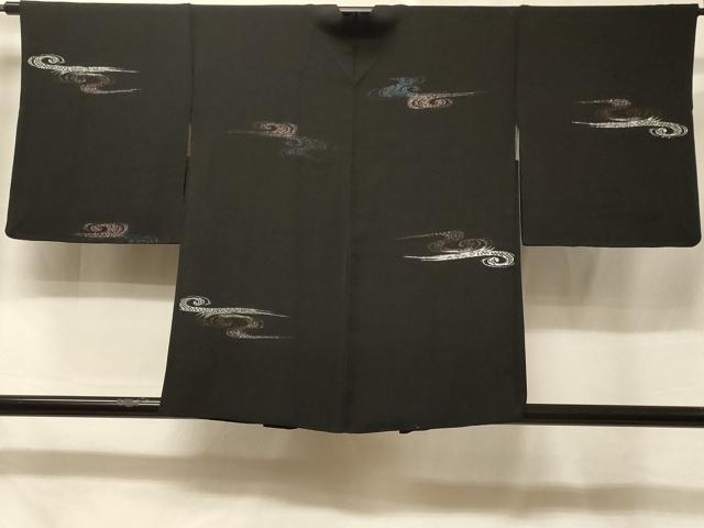 平和屋着物＃羽織　寿光織　流水花文　黒地　銀糸　正絹　逸品　CABE5591in