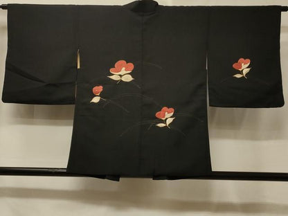 平和屋着物＃羽織　駒刺繍　総刺繍　草花文　黒地　金糸　正絹　逸品　CABE5594in