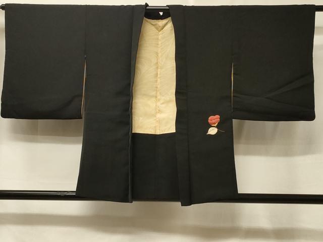 平和屋着物＃羽織 駒刺繍 総刺繍 草花文 黒地 金糸 正絹 逸品 CABE5594in