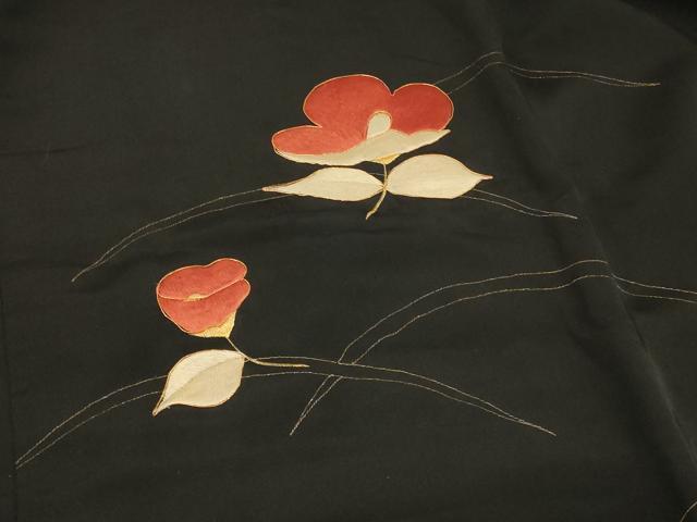 平和屋着物＃羽織　駒刺繍　総刺繍　草花文　黒地　金糸　正絹　逸品　CABE5594in 平和屋着物＃羽織 駒刺繍 総刺繍 草花文 黒地 金糸 正絹 逸品 CABE5594in