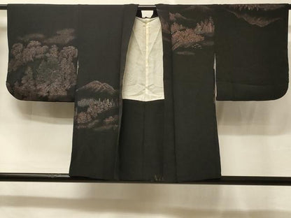 平和屋着物＃羽織　寿光織　風景文　黒地　正絹　逸品　CABE5597in