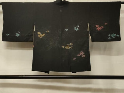 平和屋着物＃羽織　寿光織　草花文　黒地　金糸　正絹　逸品　CABE5598in