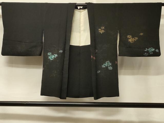 平和屋着物＃羽織　寿光織　草花文　黒地　金糸　正絹　逸品　CABE5598in