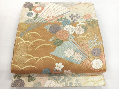 平和屋着物◎佐賀錦　六通柄袋帯　唐織　扇草花文　金糸　三越扱い　正絹　逸品　CABE5618nb