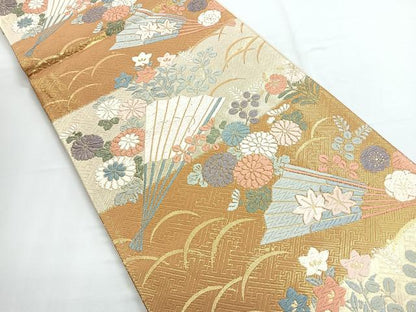 平和屋着物◎佐賀錦　六通柄袋帯　唐織　扇草花文　金糸　三越扱い　正絹　逸品　CABE5618nb