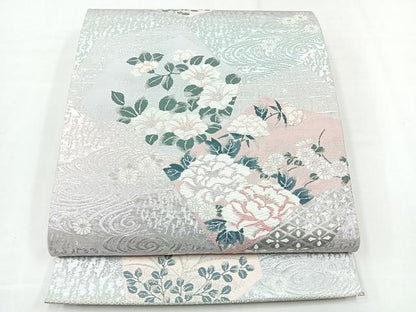 平和屋着物◎六通柄袋帯　流水草花文　プラチナ箔二重織　正絹　逸品　CABE5655nb