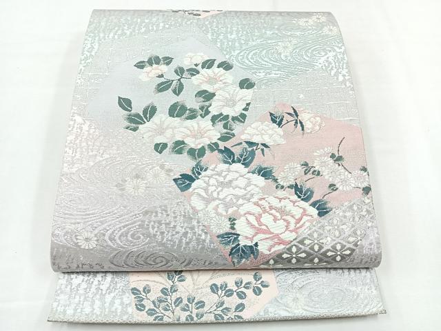 平和屋着物◎六通柄袋帯　流水草花文　プラチナ箔二重織　正絹　逸品　CABE5655nb