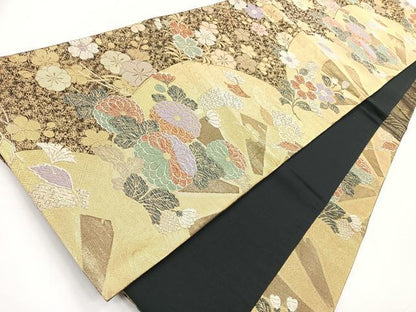 平和屋着物◎六通柄袋帯 片輪車花文 金糸 正絹 逸品 CABE5739nb