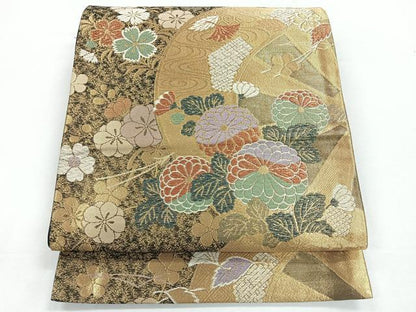 平和屋着物◎六通柄袋帯 片輪車花文 金糸 正絹 逸品 CABE5739nb