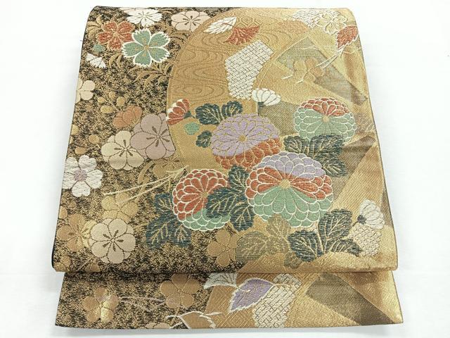 平和屋着物◎六通柄袋帯 片輪車花文 金糸 正絹 逸品 CABE5739nb
