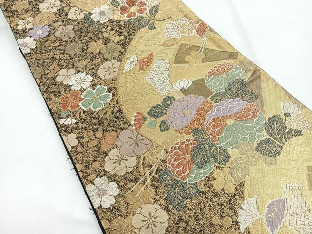 平和屋着物◎六通柄袋帯 片輪車花文 金糸 正絹 逸品 CABE5739nb