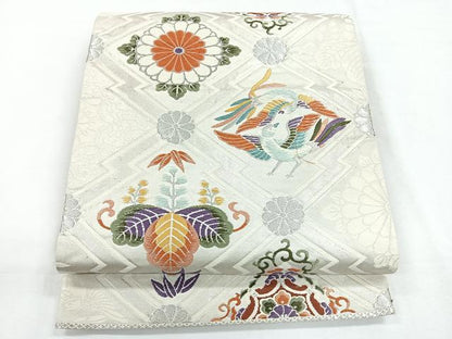 平和屋着物◎六通柄袋帯 唐織 松皮菱花鳥文 銀糸 正絹 逸品 CABE5759nb