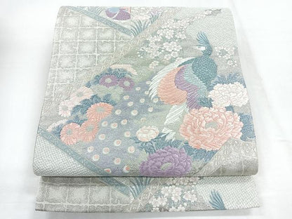 平和屋着物◎六通柄袋帯 唐織 花鳥文 銀糸 正絹 逸品 CABE5771nb