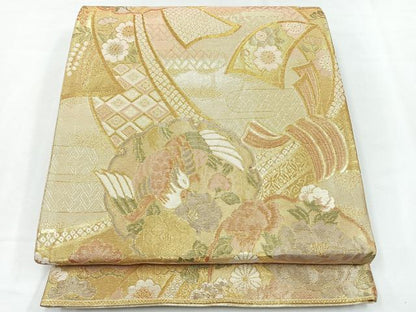 平和屋着物◎佐賀錦　六通柄袋帯　束ね熨斗花鳥文　金糸　正絹　逸品　CABE5775nb