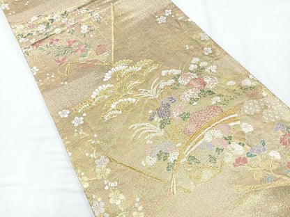 平和屋着物◎六通柄袋帯 冊子草花文 金糸 正絹 逸品 CABE5777nb