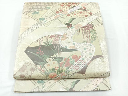 平和屋着物◎六通柄袋帯 冊子草花文 銀糸 正絹 逸品 CABE5782nb