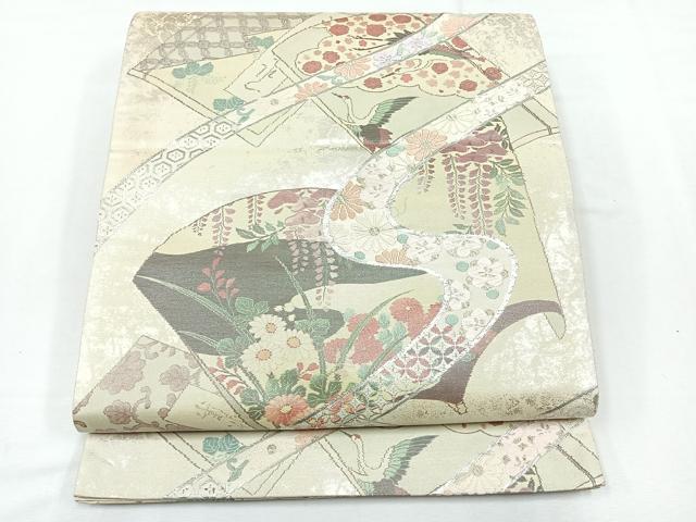 平和屋着物◎六通柄袋帯 冊子草花文 銀糸 正絹 逸品 CABE5782nb