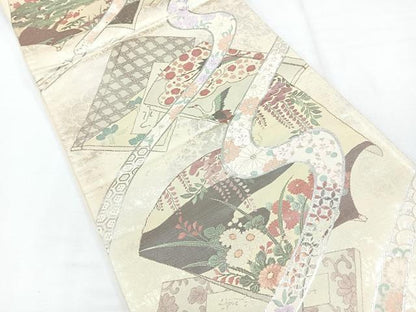 平和屋着物◎六通柄袋帯 冊子草花文 銀糸 正絹 逸品 CABE5782nb