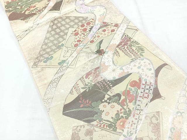 平和屋着物◎六通柄袋帯 冊子草花文 銀糸 正絹 逸品 CABE5782nb