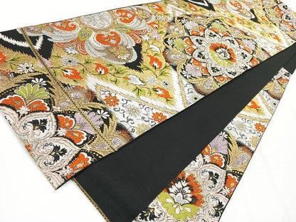 平和屋着物◎六通柄 本袋帯 花唐草文 黒地 金糸 正絹 逸品 CABE5787nb