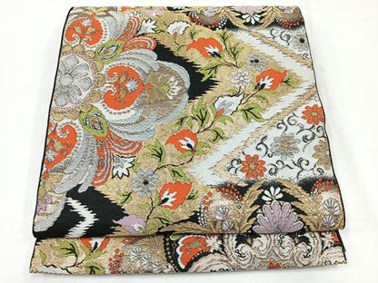 平和屋着物◎六通柄 本袋帯 花唐草文 黒地 金糸 正絹 逸品 CABE5787nb