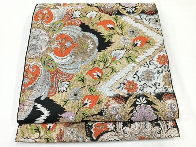 平和屋着物◎六通柄 本袋帯 花唐草文 黒地 金糸 正絹 逸品 CABE5787nb