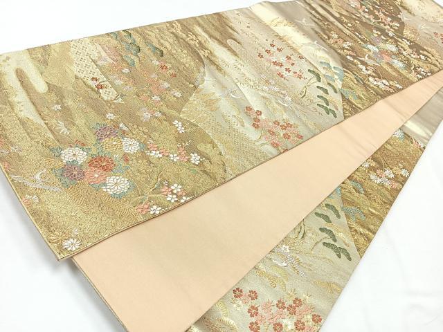 平和屋着物◎六通柄袋帯 遠山花鳥文 金糸 正絹 逸品 CABE5802nb