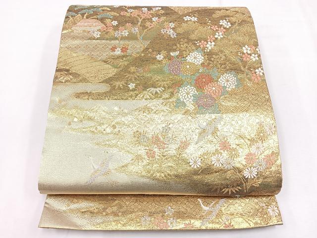 平和屋着物◎六通柄袋帯 遠山花鳥文 金糸 正絹 逸品 CABE5802nb