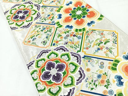 平和屋着物◎六通柄袋帯 唐織 草花文 銀糸 正絹 逸品 CABE5805nb