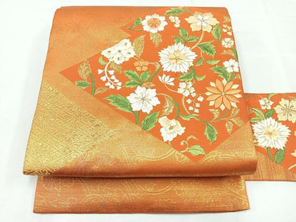 平和屋着物◎九寸名古屋帯 刺繍 松皮菱花文 金糸 正絹 逸品 CABE5806nb
