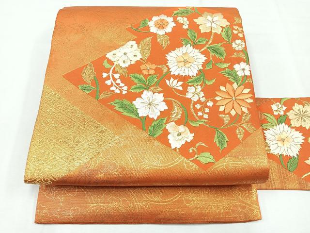 平和屋着物◎九寸名古屋帯 刺繍 松皮菱花文 金糸 正絹 逸品 CABE5806nb