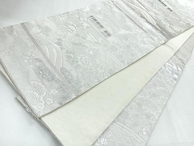 平和屋着物◎六通柄袋帯 風景文 プラチナ銀白二重織 正絹 逸品 CABE5833nb