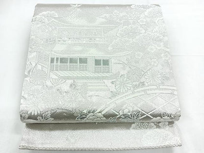 平和屋着物◎六通柄袋帯 風景文 プラチナ銀白二重織 正絹 逸品 CABE5833nb