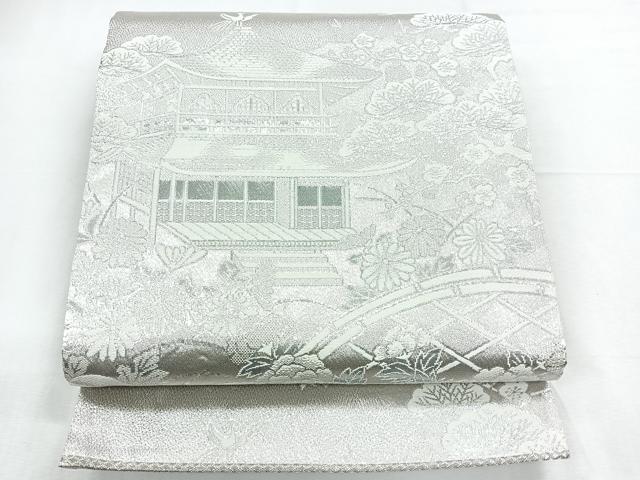 平和屋着物◎六通柄袋帯 風景文 プラチナ銀白二重織 正絹 逸品 CABE5833nb