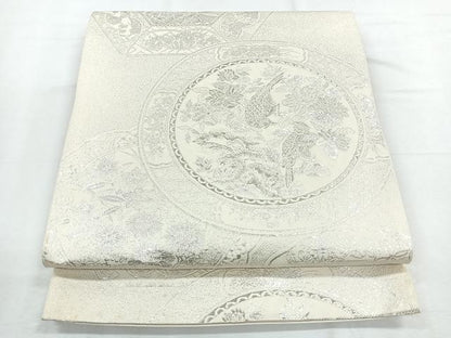 平和屋着物◎六通柄袋帯　絵皿花鳥文　銀糸　正絹　逸品　CABE5890nb
