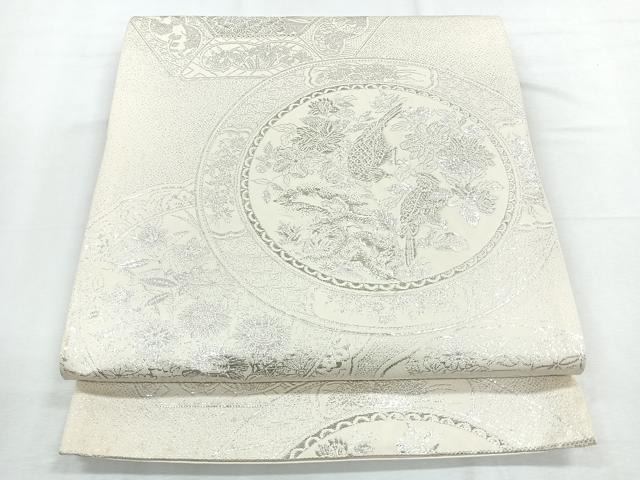 平和屋着物◎六通柄袋帯　絵皿花鳥文　銀糸　正絹　逸品　CABE5890nb