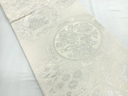 平和屋着物◎六通柄袋帯　絵皿花鳥文　銀糸　正絹　逸品　CABE5890nb