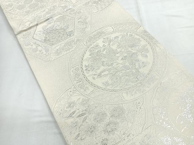 平和屋着物◎六通柄袋帯　絵皿花鳥文　銀糸　正絹　逸品　CABE5890nb