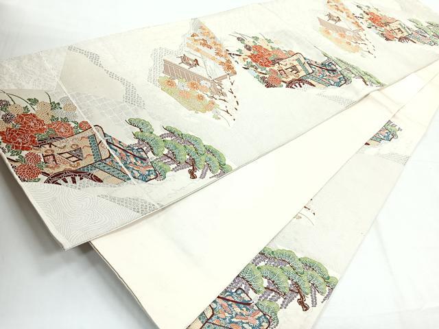 平和屋着物◎六通柄袋帯 流水地紙御所車文 銀糸 正絹 逸品 CABE5895nb