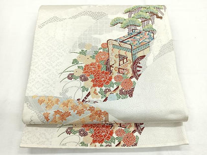 平和屋着物◎六通柄袋帯 流水地紙御所車文 銀糸 正絹 逸品 CABE5895nb